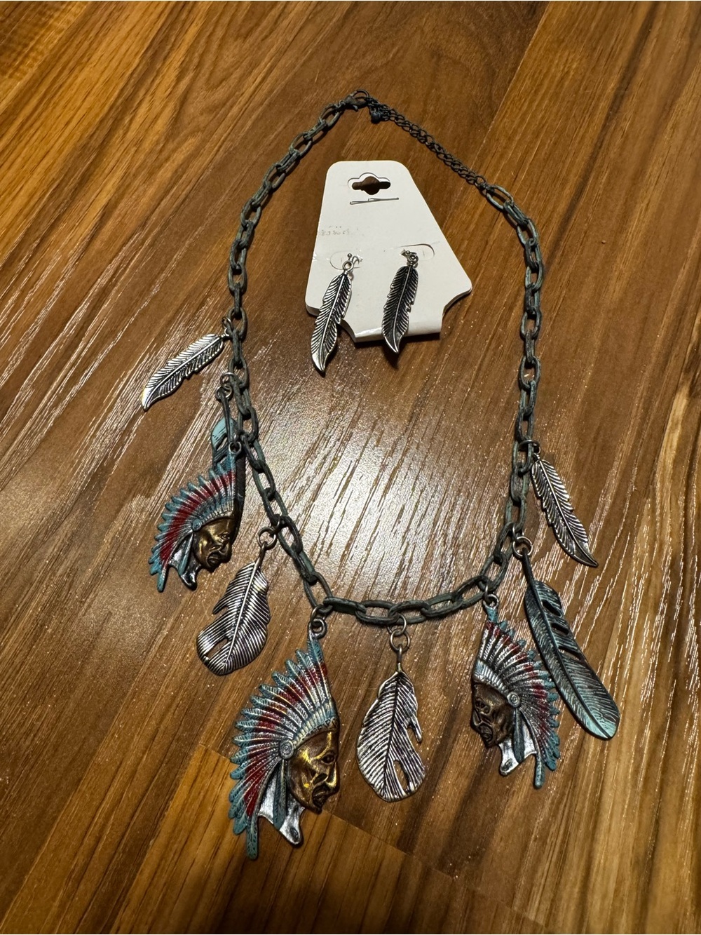 Vintage Indian metal Turquoise and Red Feather & Headdress Charm Necklace Set